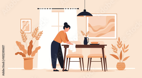 Woman Cleans Dust From Table In Minimalist Interior Design Dining Room