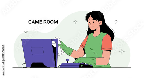 Woman cleaning game room equipment with cloth ensuring a tidy and sanitized space for entertainment and recreation