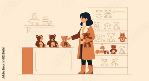 Woman Choosing Plush Bear In Whimsical Toy Shop With Linear Art Style