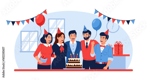 Smiling Friends Celebrating Birthday Party With Cake And Decoration Indoor