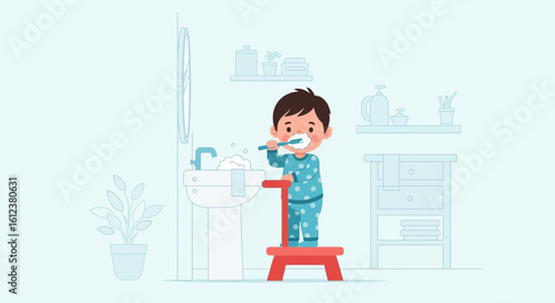 Young Boy Brushing Teeth In Bathroom Wearing Pajamas Illustration Design