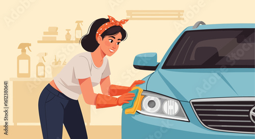 Woman Cleans Her Car At Home With Cloth And Cleaning Solution Service