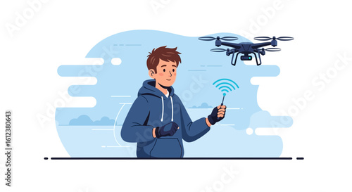Young Man Operating Modern Drone With Controller In Outdoors Environment