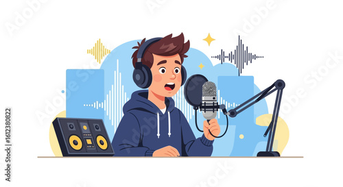 Young Man Recording Voiceover For Podcast Or Online Radio Show With Microphone