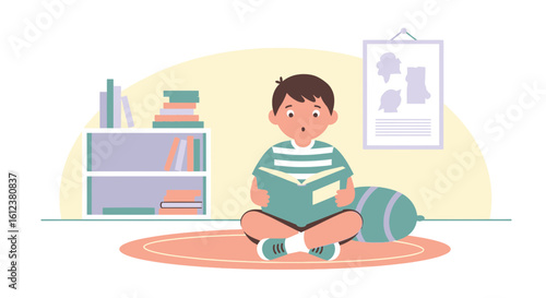 Young Boy Cross Legged Absorbed in an Engaging Book on a Cozy Rug At Home