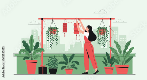 Woman Decorating Balcony With Chinese Lanterns And Plants For Lunar New Year