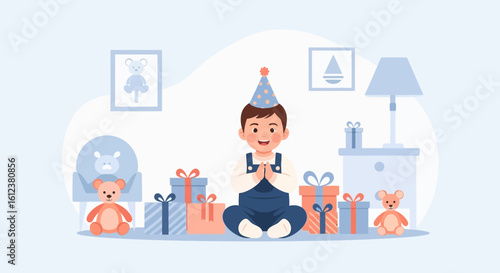 Smiling Young Boy Celebrating Birthday Surrounded By Gifts In A Decorated Room