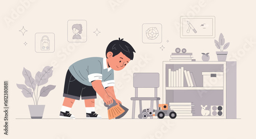 Young boy diligently sweeping the floor at home with a focused expression on his face