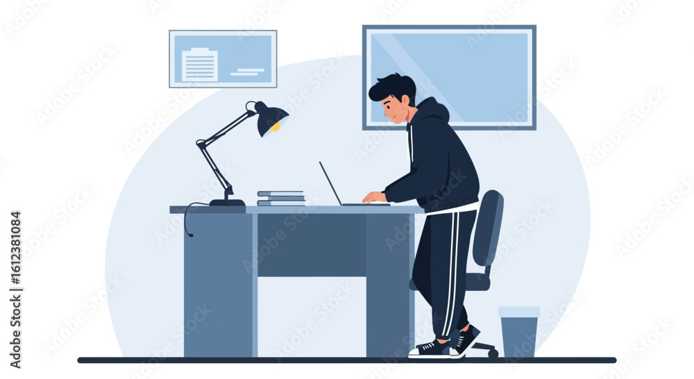 Fototapeta premium Young Man Working On Laptop At Desk In Home Office Illustration