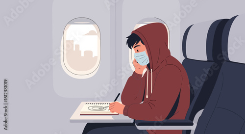 Young Man With Face Mask Flying And Drawing During Coronavirus Pandemic