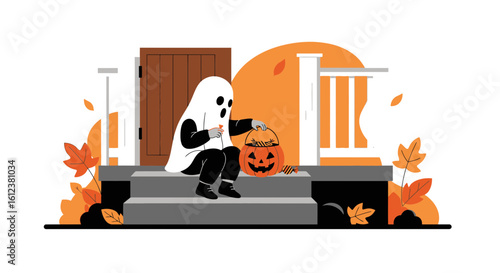 Spooky Ghost With Pumpkin Bucket On Stairs Enjoying Halloween Candy