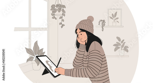 Woman Drawing Digitally At Home In Cozy Interior With Potted Plants