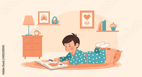 Young Boy Enjoying Story Time In Cozy Room With Pictures And Decorative Elements