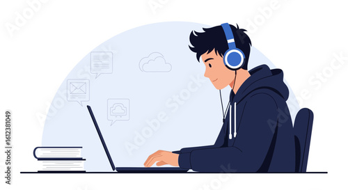 Young man working on laptop with headphones in a modern illustration style