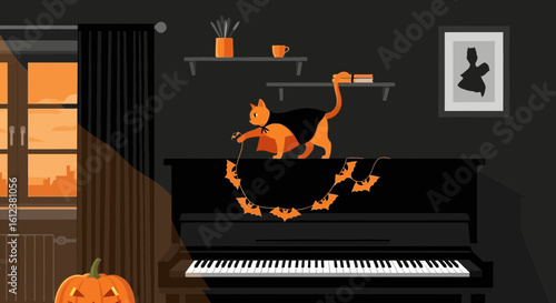Spooky Piano Serenade A Whimsical Halloween Scene With A Feline Performer