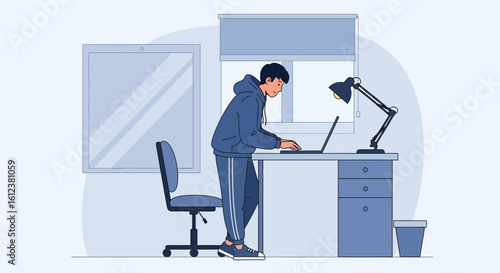 Young man working from home on a laptop with standing desk illustration