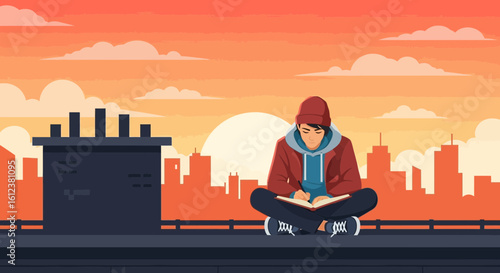Young man writing in a notebook while sitting on a rooftop enjoying city views