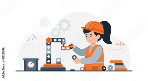 Woman engineer assembling robotic arm illustration for technical work concept