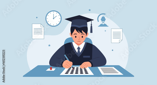 Stressed student taking university exam under pressure for academic achievement