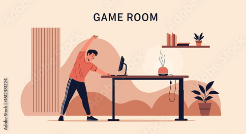 Stretching Man Near Computer In Modern Game Room Office Design
