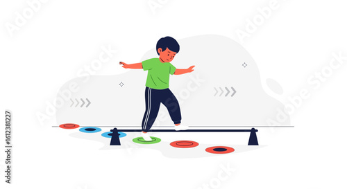 Young Boy Is Practicing Balance, Balance Beam Activity For Kids Illustration