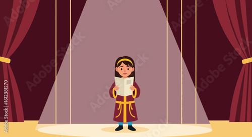 Young Performer Standing On Stage Reading Script Under Spotlight In Theater