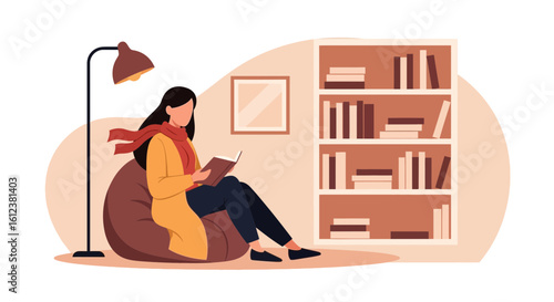 Woman Enjoying Literature Indoor Relaxing In Comfortable Chair At Home