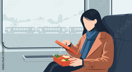 Woman Enjoying Meal On Train Journey Across Scenic City Landscape
