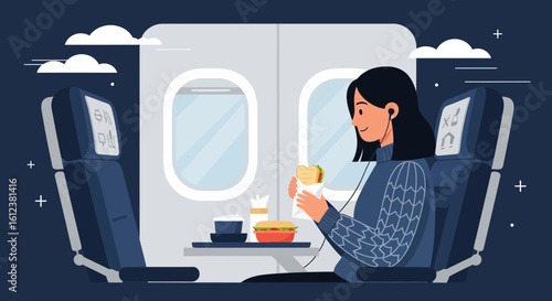 Woman Enjoying Meal And Listening To Music Inside Airplane At Night