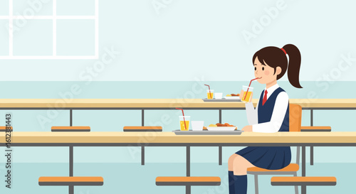 Student enjoying lunch in the school cafeteria, simple and clean illustration of a school dining hall with a student