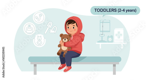Young Boy Sitting With Teddy Bear At Medical Checkup Illustration