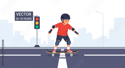 Young Boy Riding A Skateboard In Urban City Area With Traffic Light