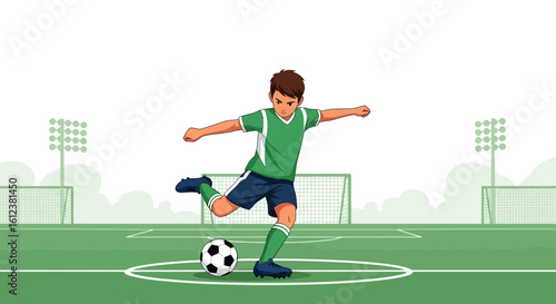 Young Player Kicking A Soccer Ball On The Field Preparing To Score