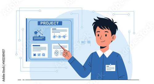 Young Presenter Explaining Engineering Project Blueprint During Business Presentation
