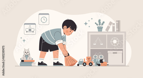 Young Boy Sweeping Floor In His Playroom Doing Chores At Home