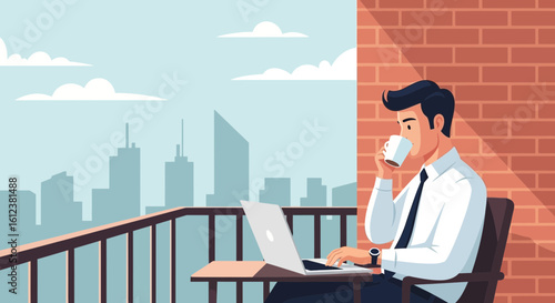 Young Professional Enjoying Morning Coffee And Working Remotely On Balcony
