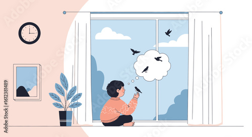 Young Boy's Imagination Flight With Bird Cartoon Inside Room Illustration