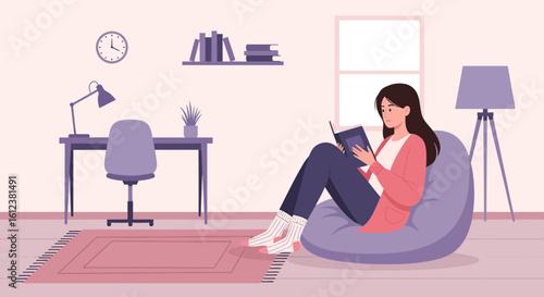 Woman Enjoying Reading Book In Comfortable Relaxing Home Environment Vector Illustration