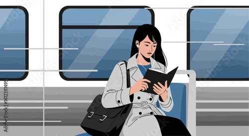 Young Professional Woman Reading Book During Her Commute On The Subway