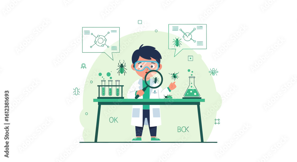 Young scientist examining insects in a laboratory setting with scientific equipment and diagrams showing his experiment Young scientist examining insects in a laboratory setting with scientific equipment and diagrams showing his experiment