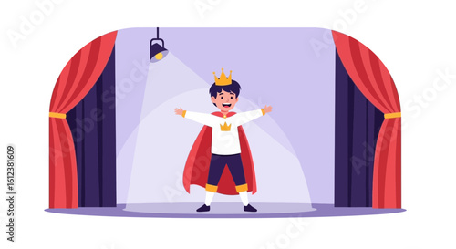 Young Cartoon Prince Character Standing on Stage Under Spotlight Wearing Crown