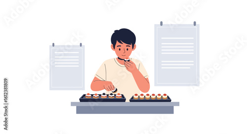 Young Confectioner Arranging Delicious Cakes On The Table For Quality Control