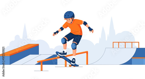 Young Skateboarder Performing Grind Trick On Urban Skate Park Equipment