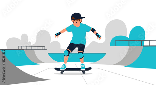 Young Skater Enjoying Skatepark Flat Style Illustration For Skateboarding Community