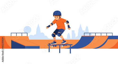 Young skater riding skateboard on a table in skatepark with city background