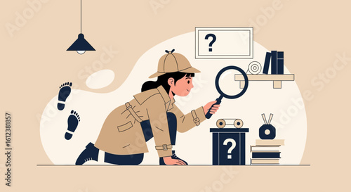 Young Sleuth Examining Evidence With Magnifying Glass During Investigation