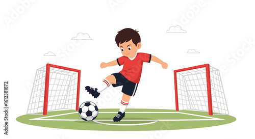 Young Soccer Player Kicking Ball Towards Goal On The Field Illustration