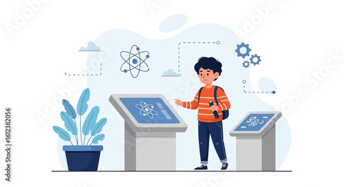 Young student interacting with an interactive display at science museum exhibit