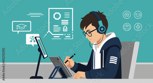 Young Student Learning Online with Digital Pen and Tablet Education Concept