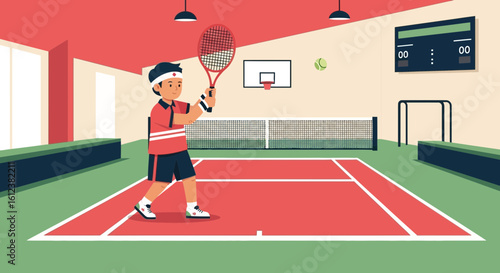 Young Tennis Player Practicing Forehand Stroke On Indoor Court Illustration